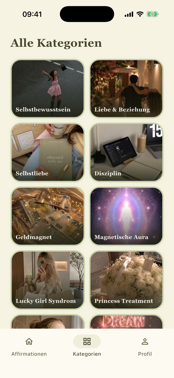 Der Kategorien-Bereich von Liara als Raster aus Bildkacheln: Selbstbewusstsein, Liebe & Beziehung, Selbstliebe, Disziplin und weitere.