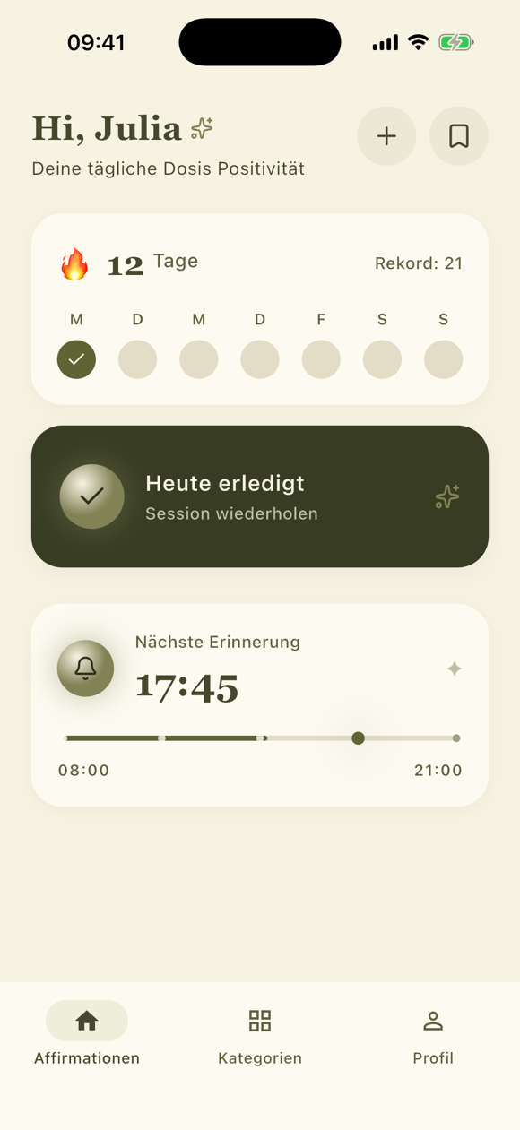 Die Startseite von Liara mit persönlicher Begrüßung, einer Serie von zwölf Tagen und der nächsten Erinnerung um 17:45 Uhr.
